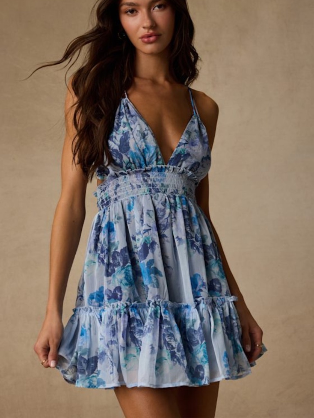 Lulus Signature Sweetie Light Blue Floral Smocked Tie-back Mini Dress - Size S